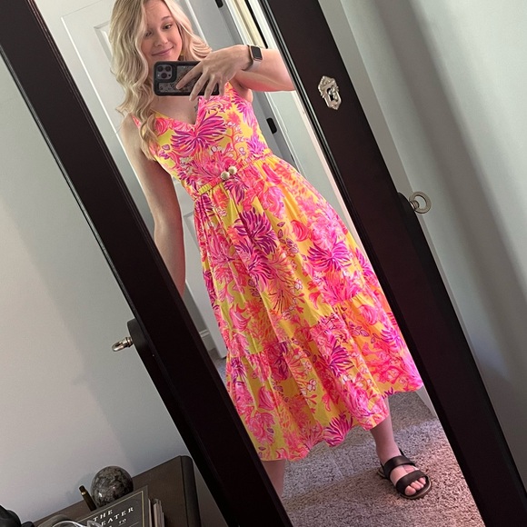 Lilly Pulitzer Bri V-Neck Cotton Midi-Dress - Calla Yellow Floral Coral - Size 4 - Picture 7 of 11